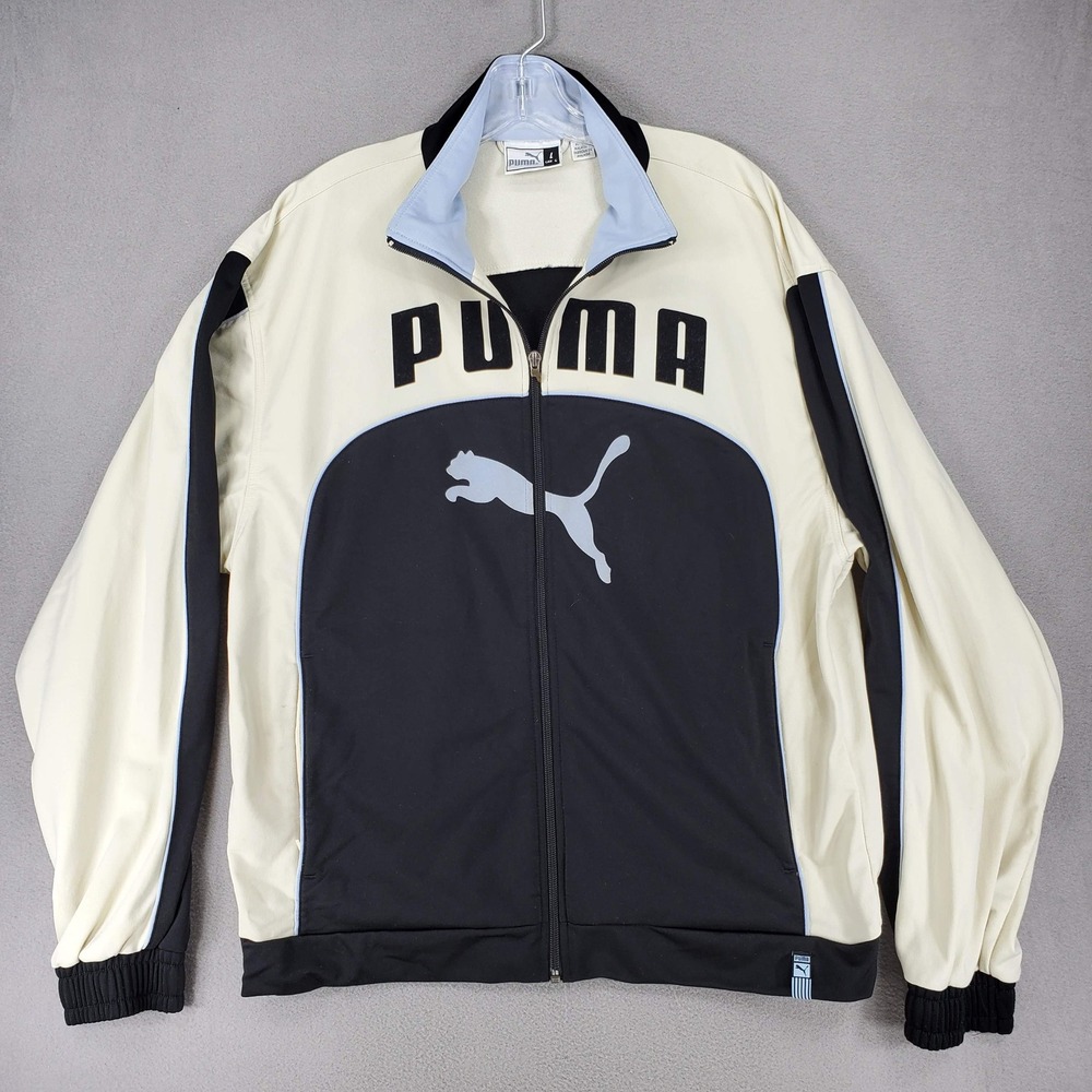 VTG Puma Track Jacket Mens L Cream Black Big Logo Full Zip Mock Neck Sportswear